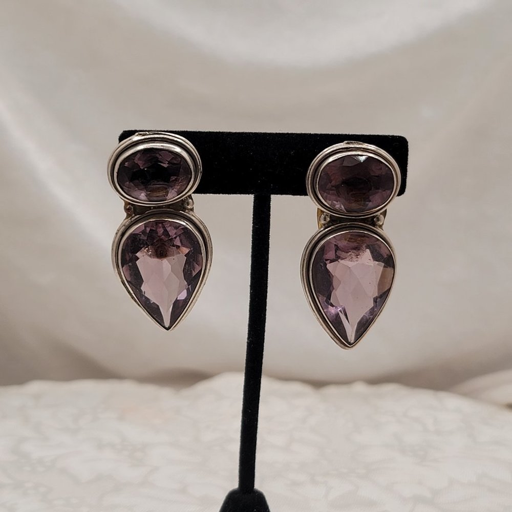 Huge Artisan Amethyst Quartz Sterling Silver Earrings